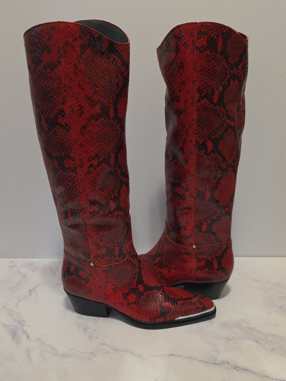 Franco Sarto Western Red Snake Print Knee-High Boots Brand New